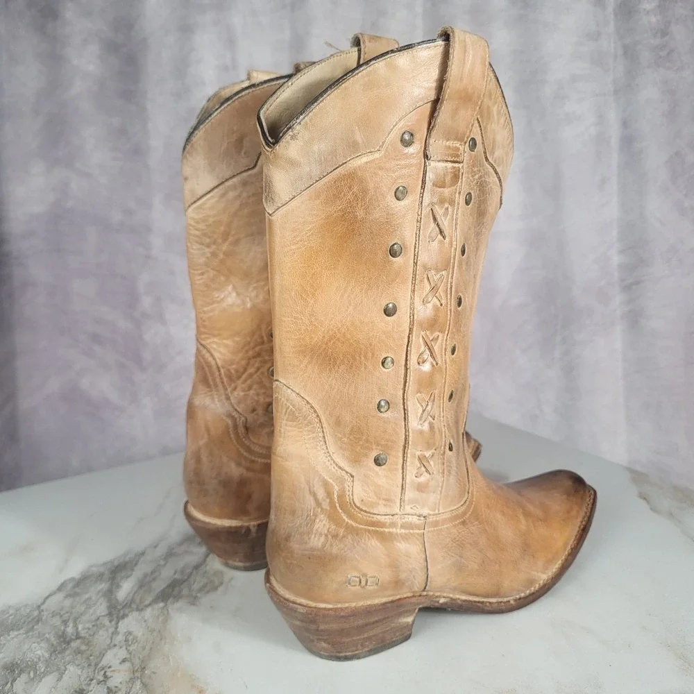 Bed Stu Cobbler Western Cowboy Boots Tan Size 9 Women's Cross Stitch